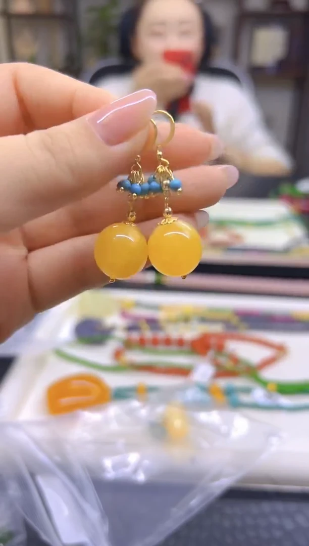 蜜蜡14K金镶嵌耳饰DIY款E923