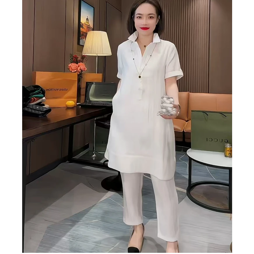 气质套装女2024新款夏季时尚高级感简约纯色衬衫领上衣裤子两件套