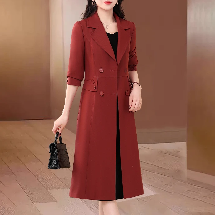 【可蓓儿】红色杭州意法风衣外套女士2025新款春洋气高端中长妈妈装