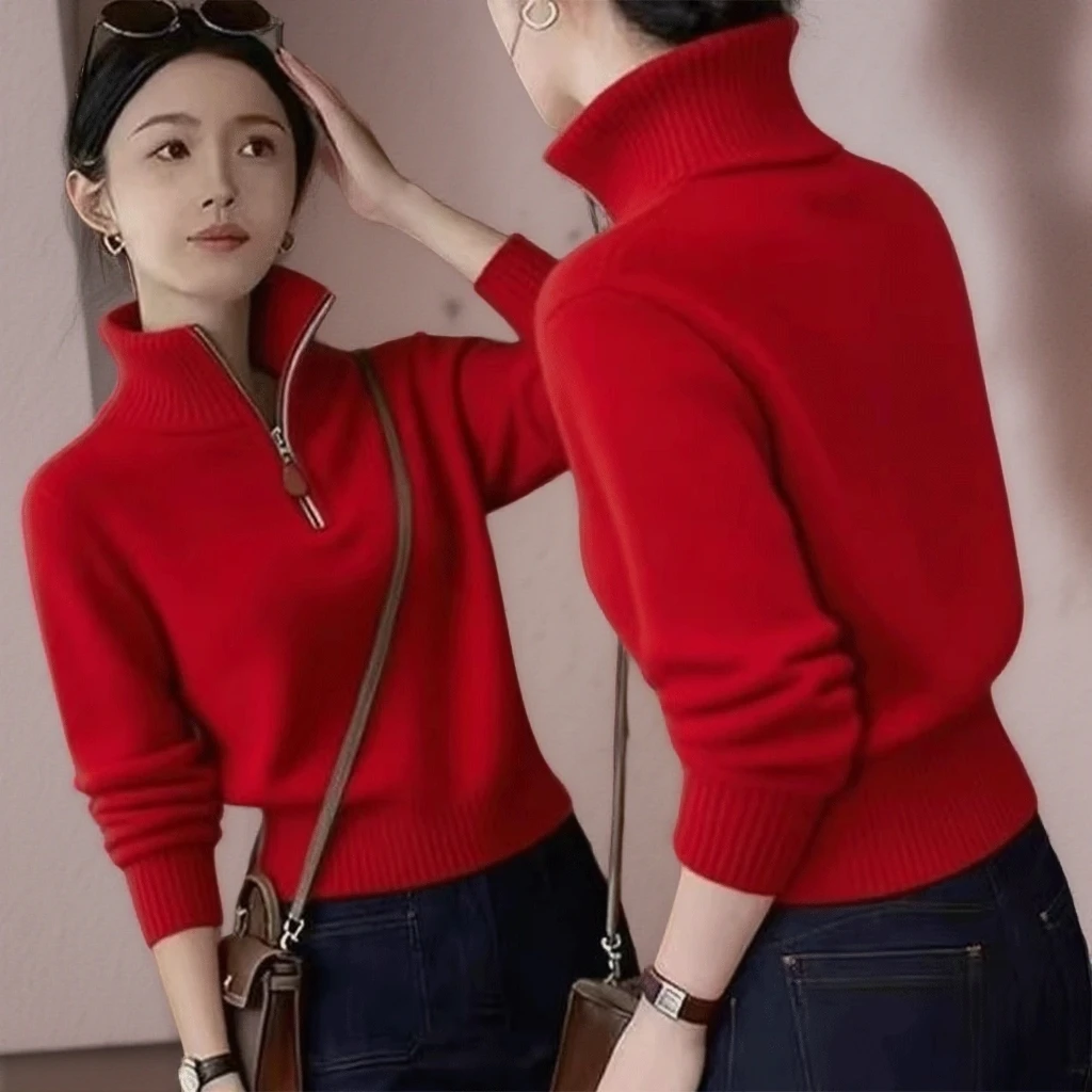 圣诞新年穿搭百搭秋冬半拉链显瘦针织衫毛衣加厚时尚温柔慵懒风