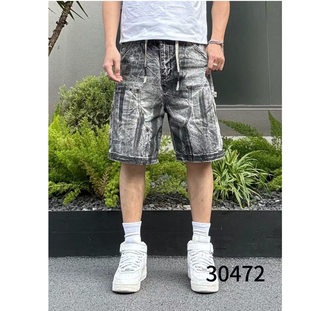 30472欧美风夏季牛仔裤耐磨印花中裤短裤潮百搭宽松工装裤