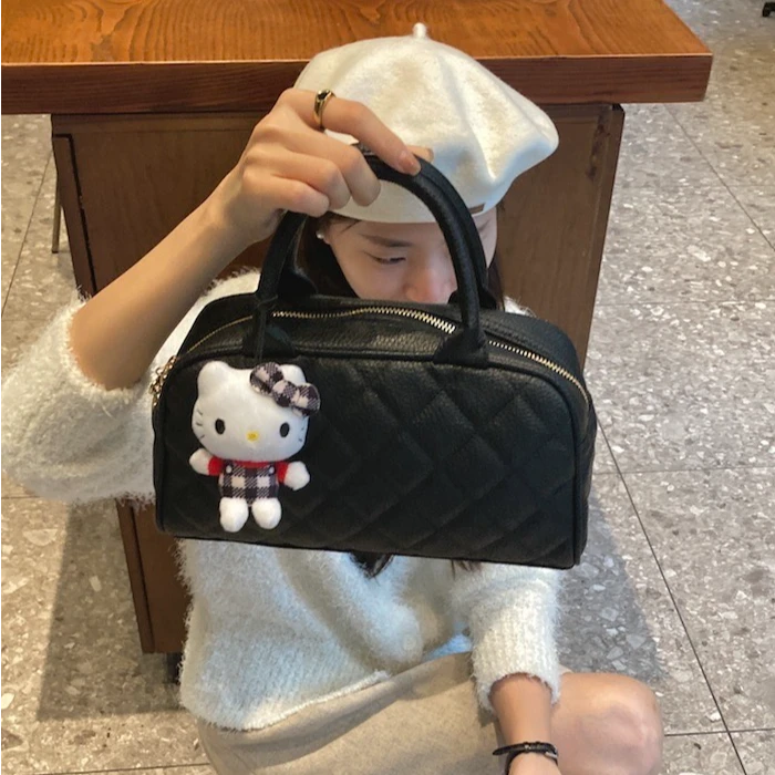 【圆脸洁专属】秋冬女包奶茶黑色小香风保龄球菱格纹中古手提包