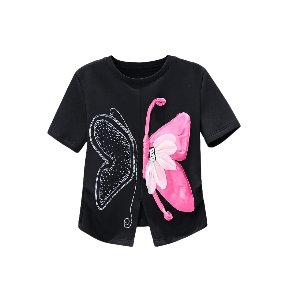 【韩哥女装】轻奢黑色冰凉感时尚烫钻蝴蝶刺绣百搭圆领T恤/3708-C3