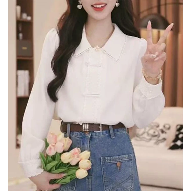 法式设计感气质翻领长袖衬衫女春季新款小众减龄百搭长袖上衣5861