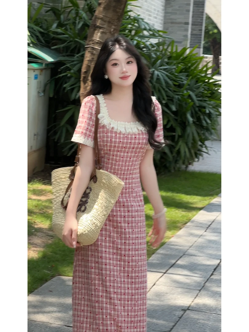 【小熊软糖】夏季甜美微胖显瘦重工蕾丝格纹心型波点连衣裙