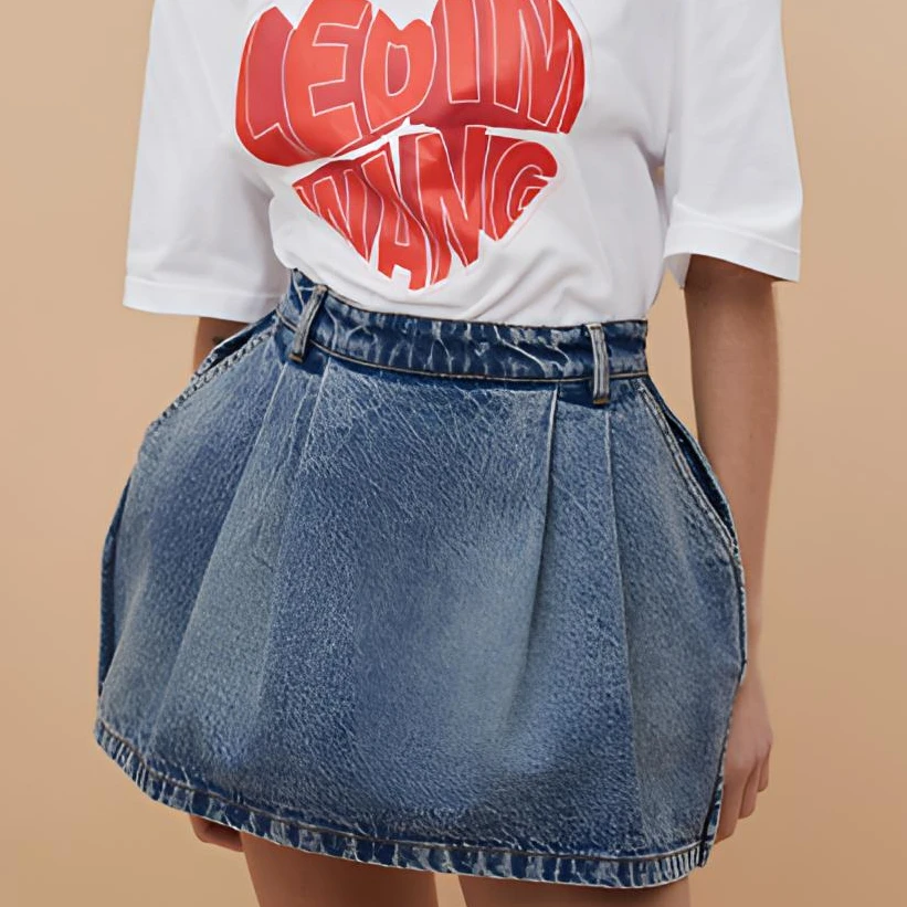 1LEDIM WANG复古花苞牛仔半裙女小众设计百搭显瘦合身时尚小短裙