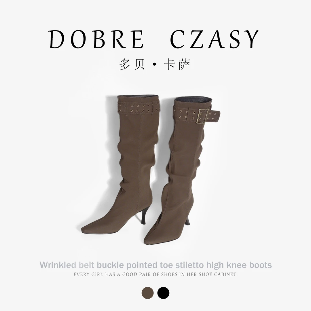 DOBRE CZASY | 多贝卡萨褶皱皮带扣尖头细跟高筒靴百搭瘦瘦靴