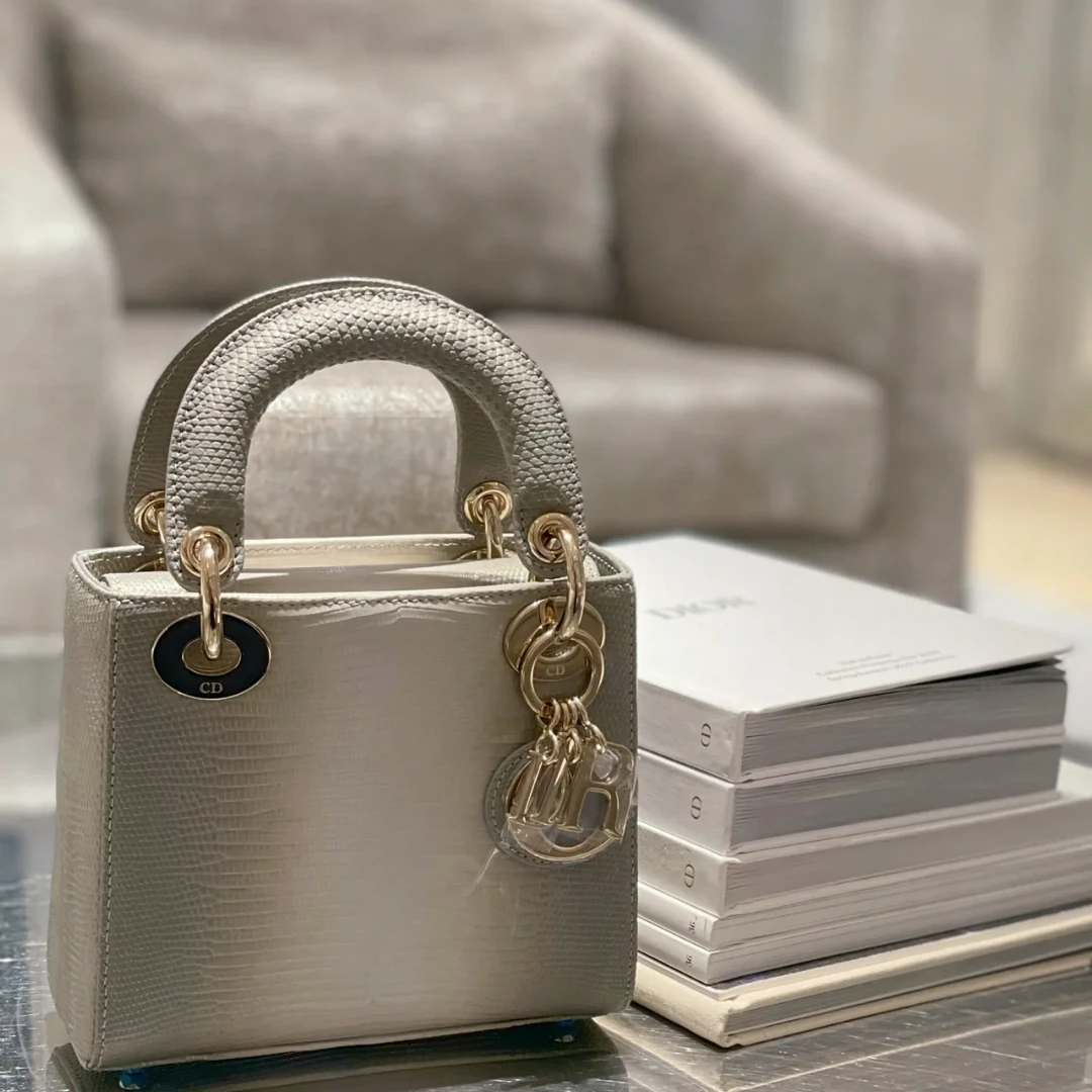 99新 DIOR/迪奥 【念念】戴妃包 三格 灰色 蜥蜴皮 金扣 2022