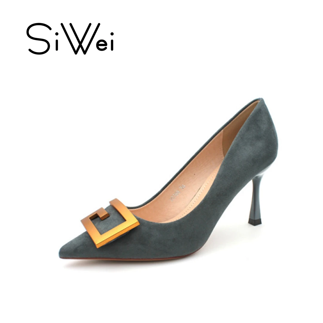蓝色绒面高跟鞋2025年新款尖头浅口时尚金属搭扣舒适百搭细跟女鞋