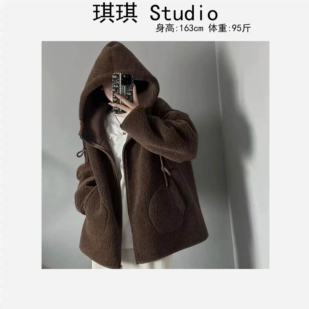 秋冬季新款设计感抽绳连帽拉链双口袋宽松减龄百搭羔毛外套8792-G