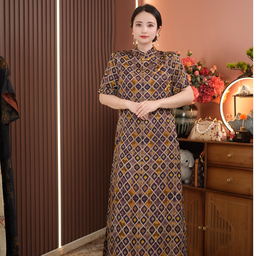 （菱形格）新款夏季新中式连衣裙宽松时尚复古重磅中长款连衣裙