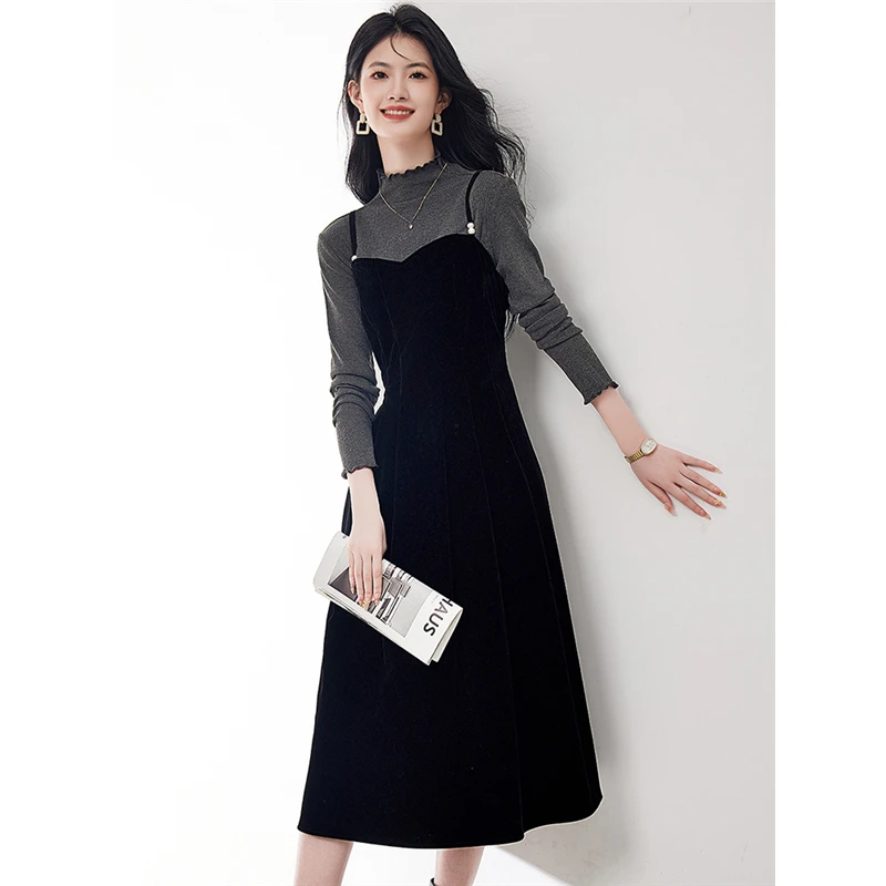 法式优雅气质套装女秋季新款半高领针织衫丝绒吊带连衣裙两件套潮