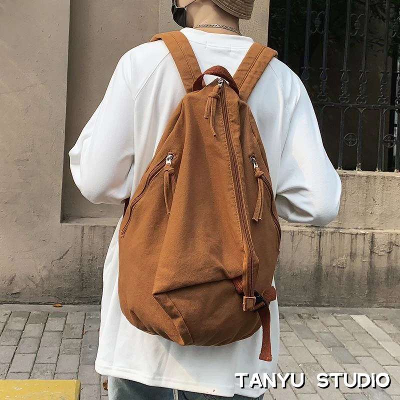探屿双肩包男水洗帆布日韩小众背包纯色复古高级感大容量学生书包