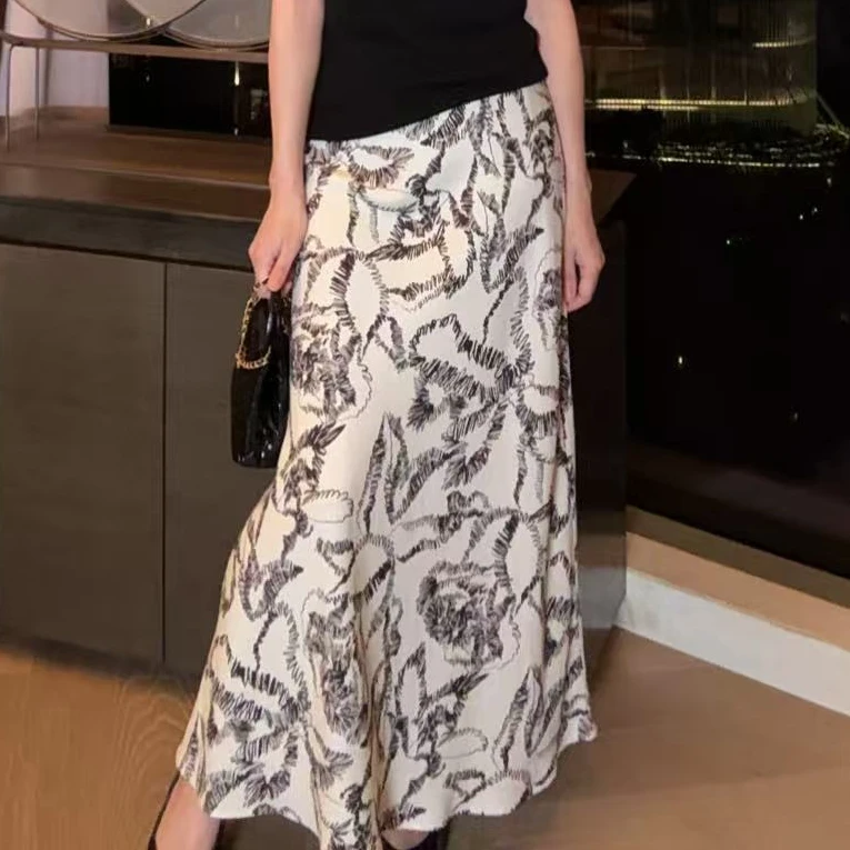 TANTAN  天丝亚麻气质印花松紧腰半裙1327