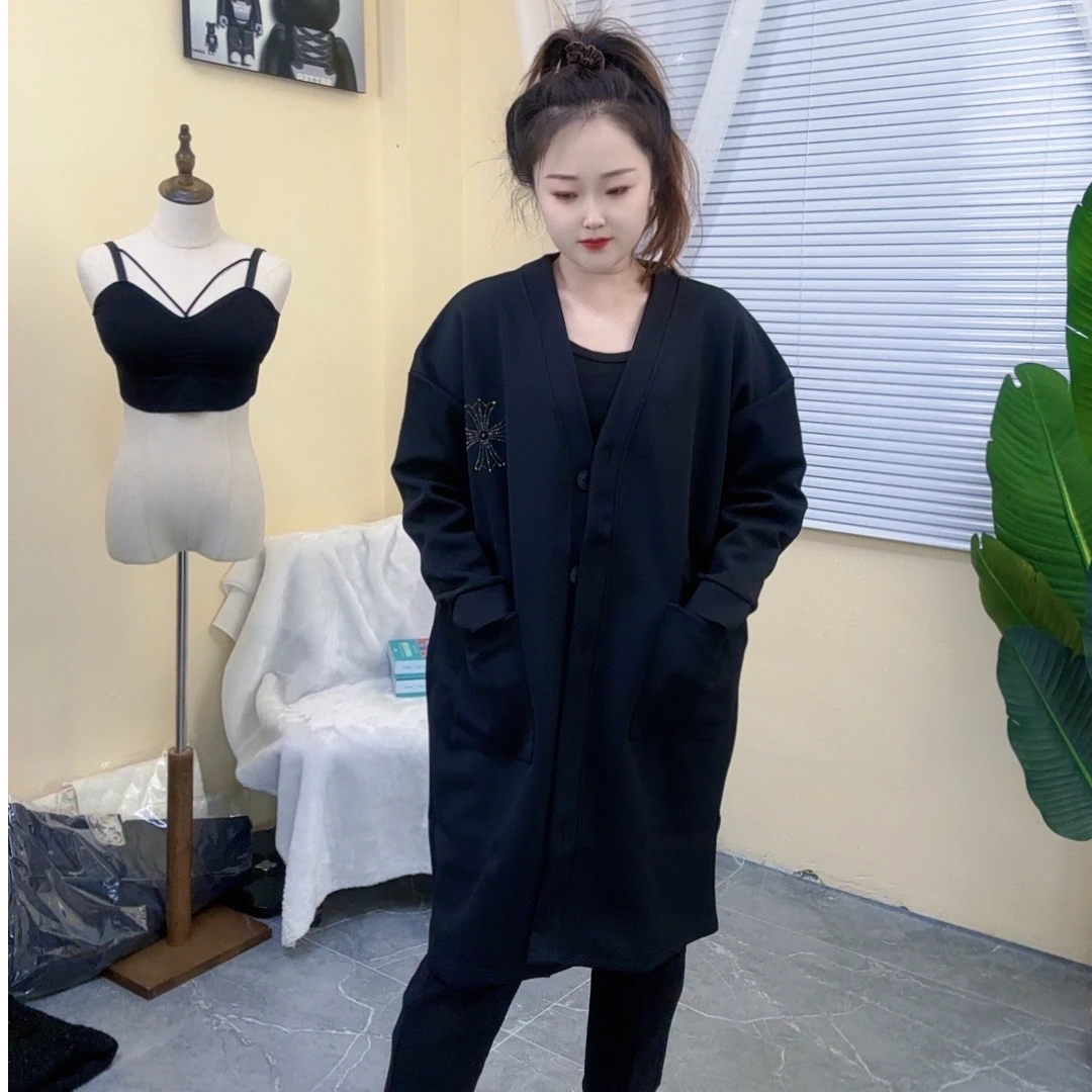 大码春秋中长款风衣烫钻胖mm长袖时尚休闲宽松百搭女士3332