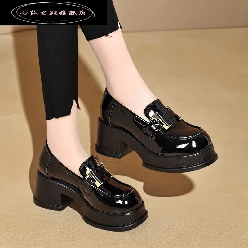 心芘高跟厚底乐福鞋夏季新款单鞋英伦风小个子女增高时髦小皮鞋