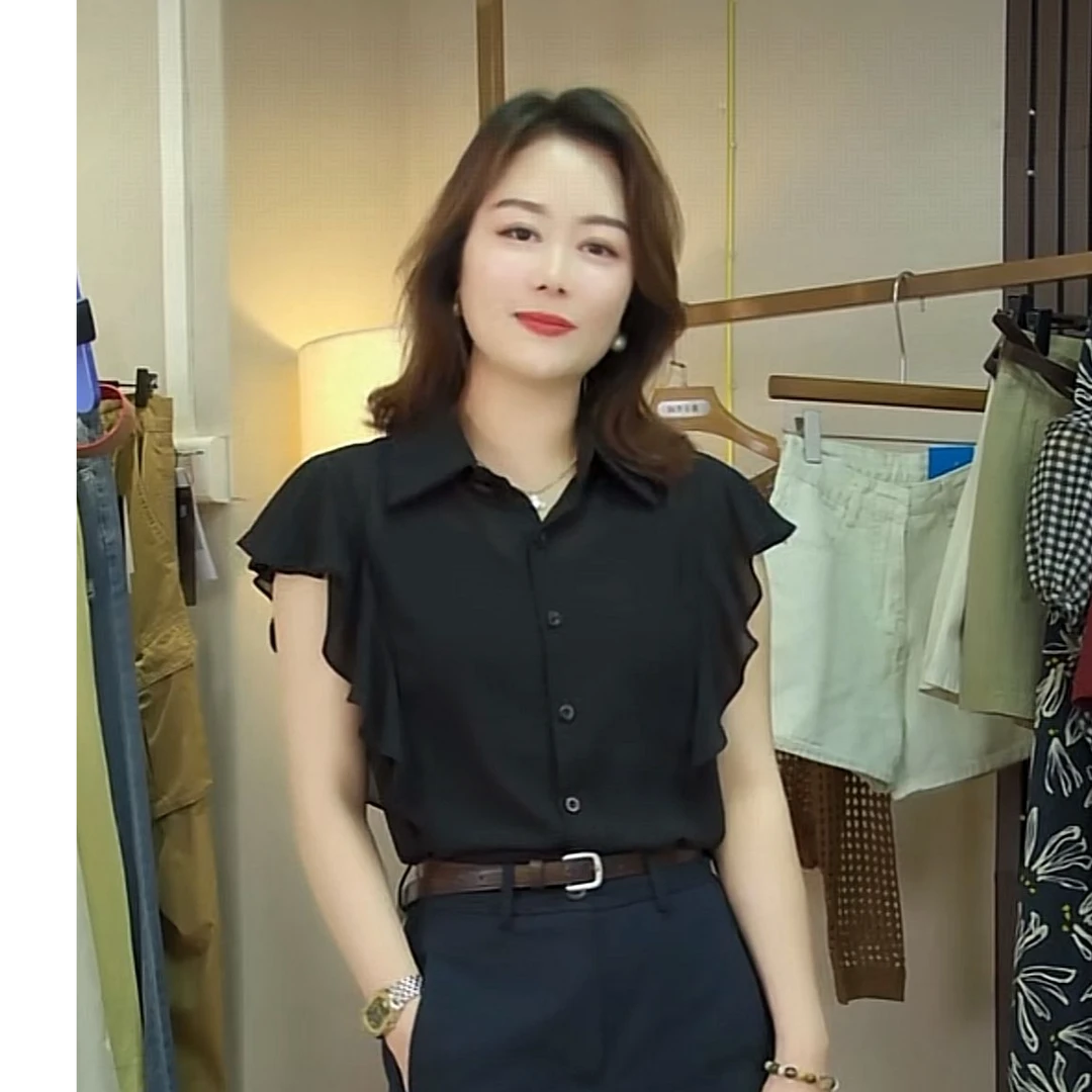 【安迪严选6】710蝴蝶印花雪纺衬衫恨夏季新款碎花减龄别致上衣