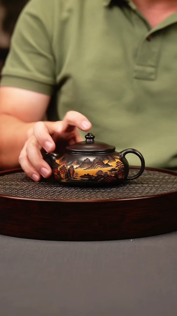 茶壶紫砂石黄 寒江 彩刻山水