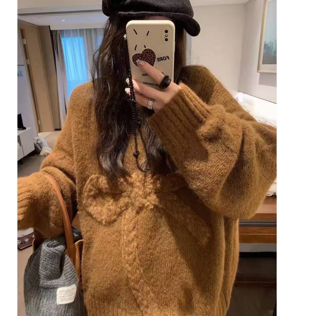 韩版甜美蕾丝花边蝴蝶结拼接毛衣女秋冬新款别致设计感针织衫上衣