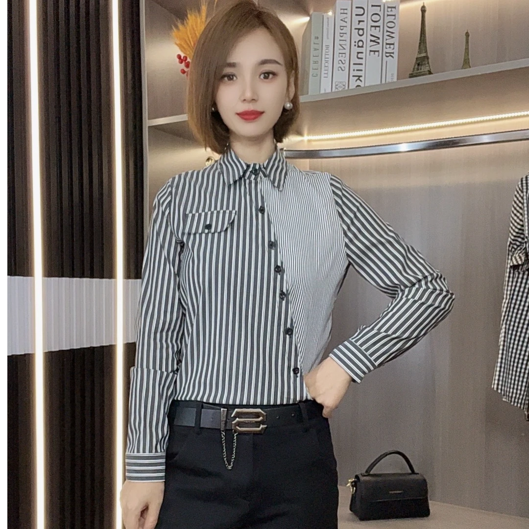 2025新款洋气显瘦气质长袖网红修身百搭条纹女装衬衫3339