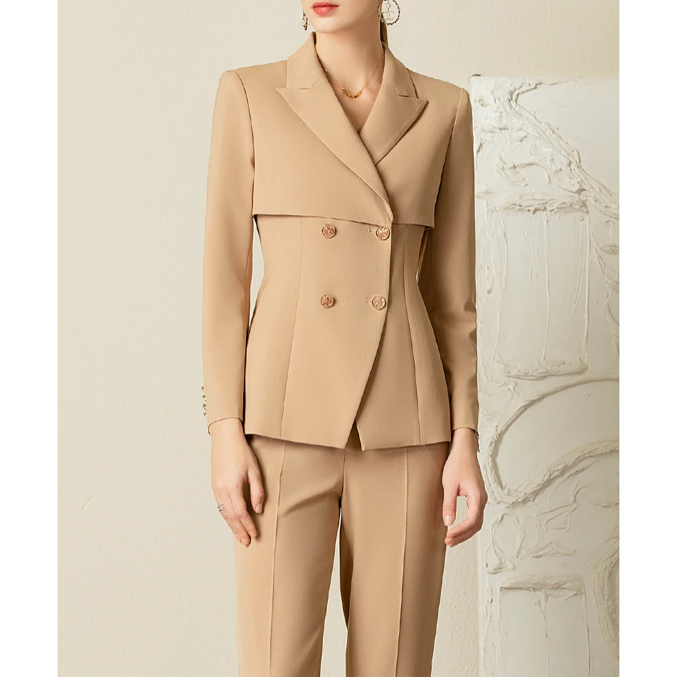 231065卡其色西装套装女秋季新款高级感休闲外套职业通勤西服C