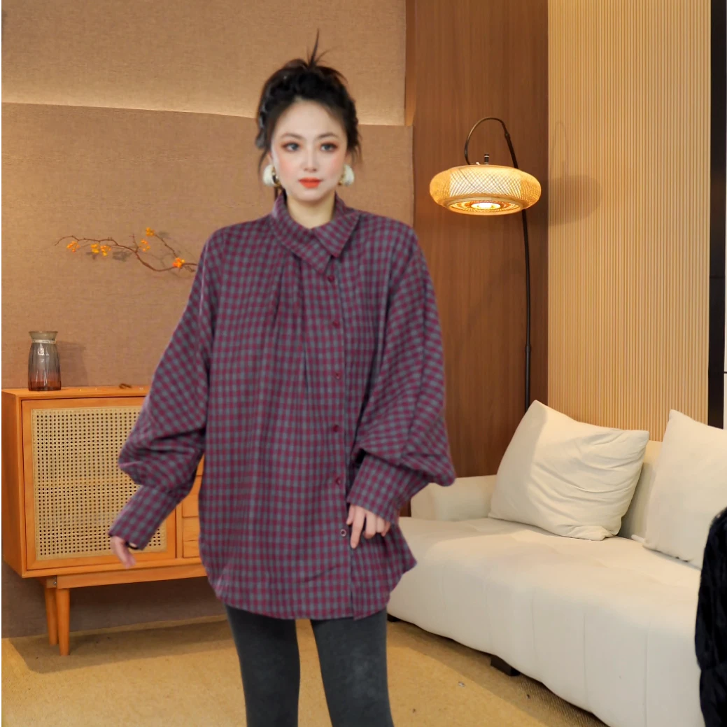 卓美优选秋冬新款立领磨毛格纹侧边扣宽松时尚休闲百搭衬衣77067