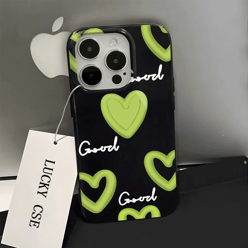 绿色爱心适用苹果13手机壳iPhone15亮面11新款14promax创意12小众