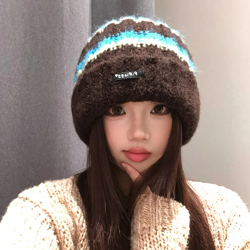 针织毛线帽女士秋冬季复古拼色条纹保暖护耳帽子显脸小大头围冷帽