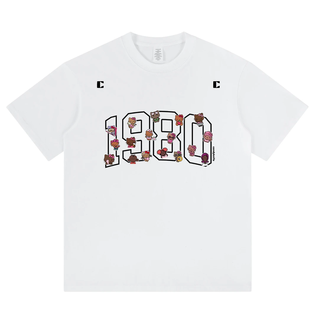 数字1980猫咪印花圆领短袖t恤男女同款纯棉夏季情侣装宽松休闲tee