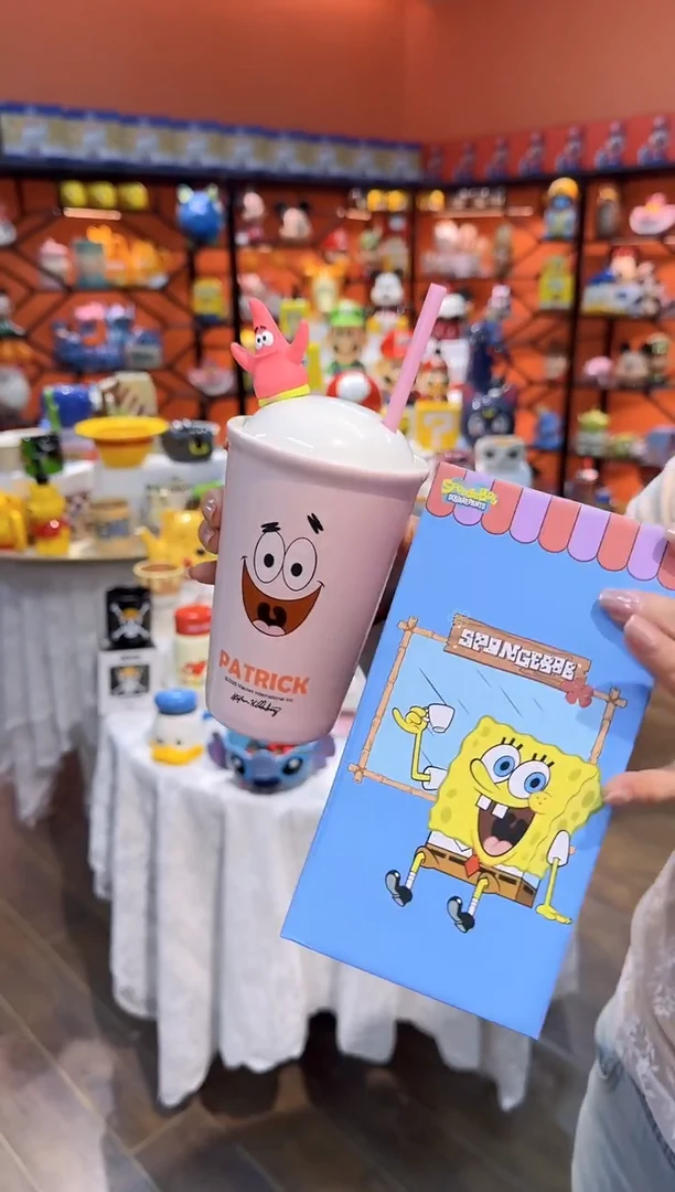 瓷片@@派大星粉色陶瓷带盖吸管杯