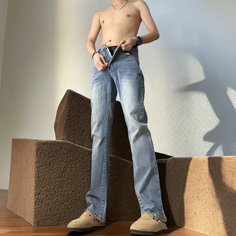 高腰软牛仔裤男士秋季新款美式vibe高街裤子修身弹力弯刀微喇裤子