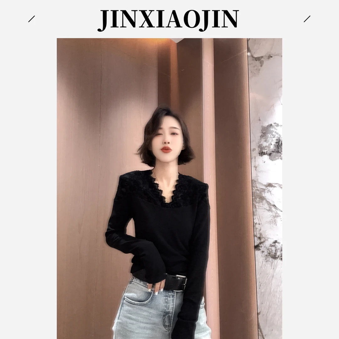 【JINXIAOJIN】2025新款拼接蕾丝修身黑色显瘦上衣25A726