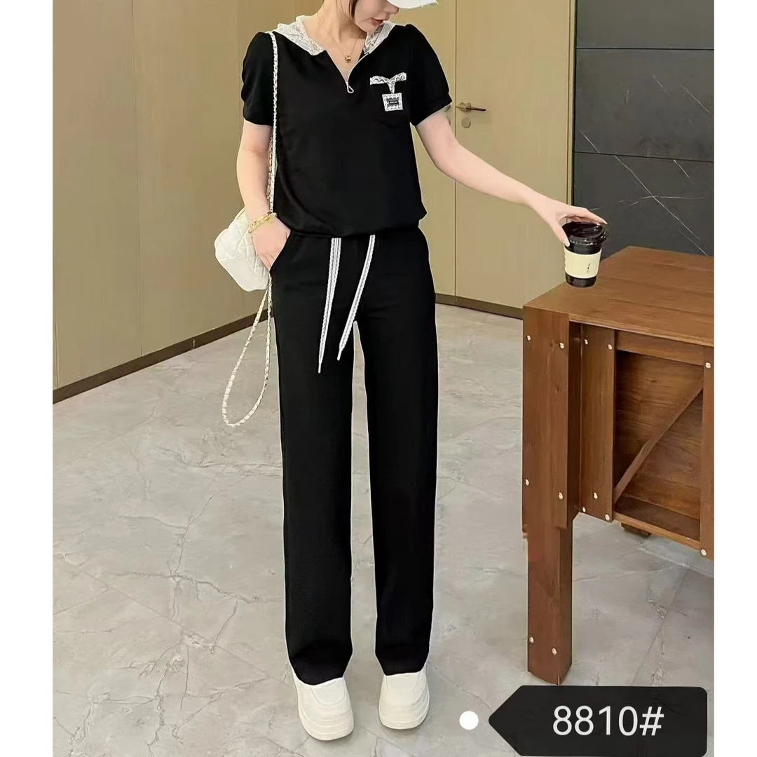 8810#2025新款时尚拼蕾丝连帽短袖上衣休闲裤两件套套装