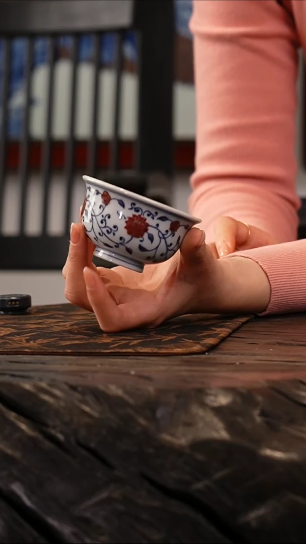 瓷瓷姑娘玥宝斋全青花釉里红压手杯