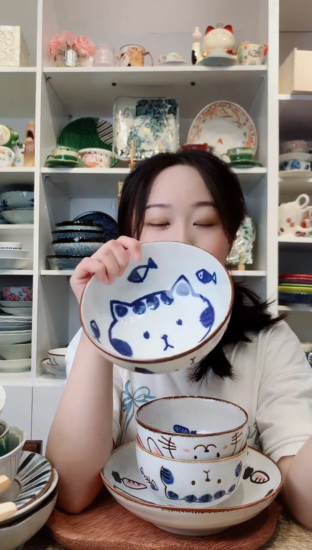 陶瓷【到手两支】美浓烧可爱猫咪大钵