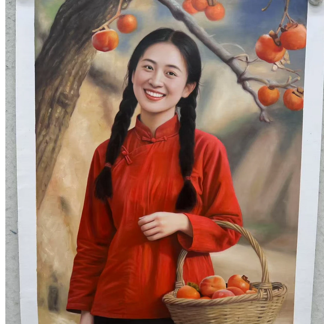 林彦新-***中国红-柿子-马尾-约60*90厘米-手绘油画-麻布