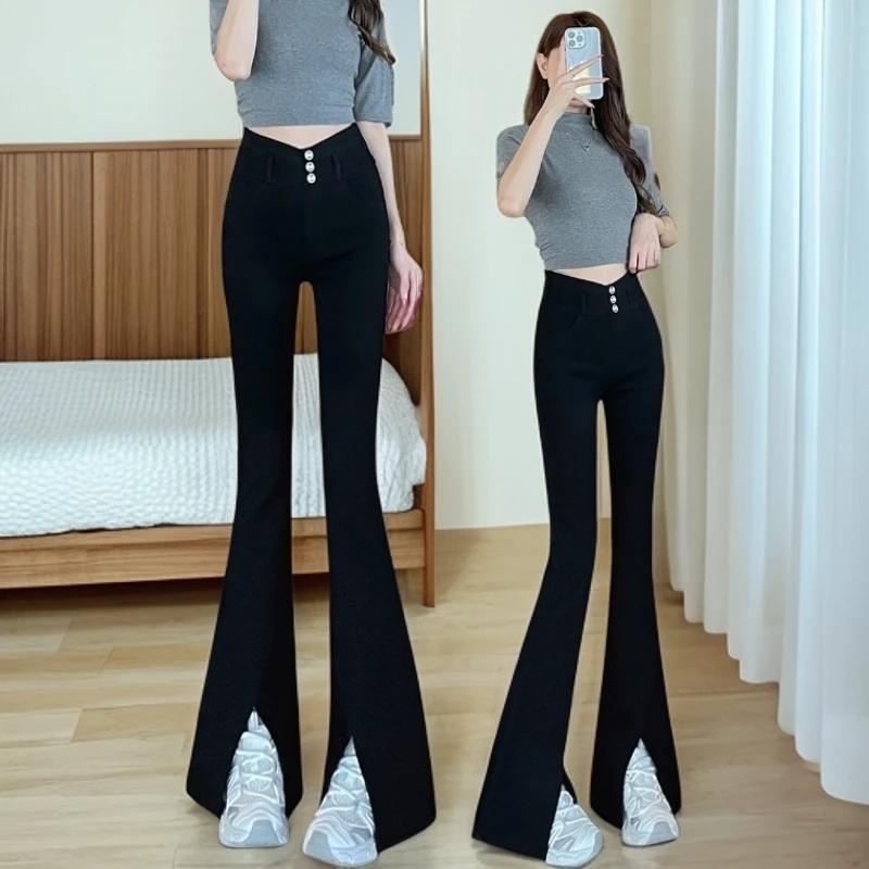 高腰修身弹力休闲设计感马蹄裤黑秋季新款时尚百搭开叉微喇叭裤女