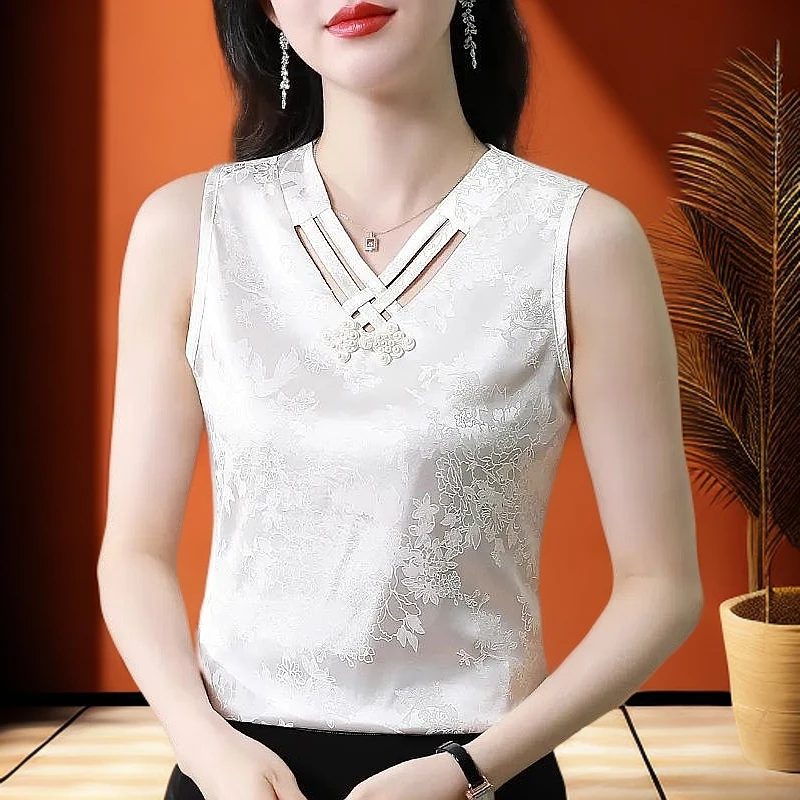 新中式国风女外穿夏大码显瘦缎面蕾丝提花打底衫无袖v领内搭上衣