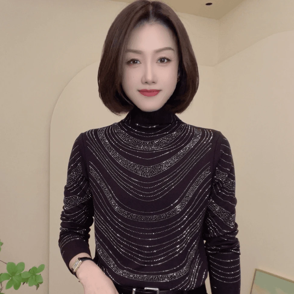 秋冬新款烫钻显瘦洋气时尚百搭长袖半高领女士上衣简约修身小衫