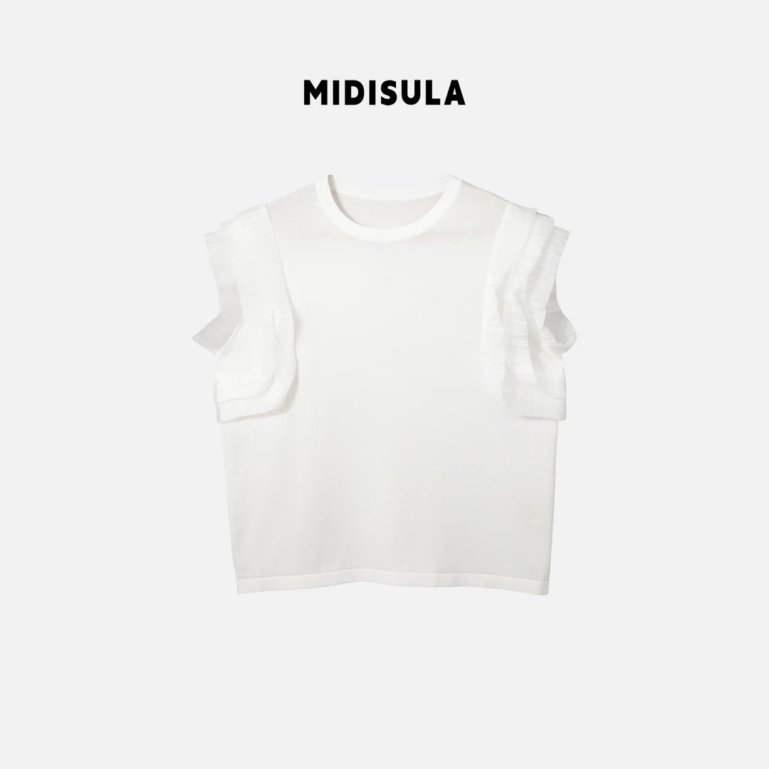 【H.MDSL】夏季新款拼接网纱时尚气质宽松遮肉百搭无袖T恤#1051