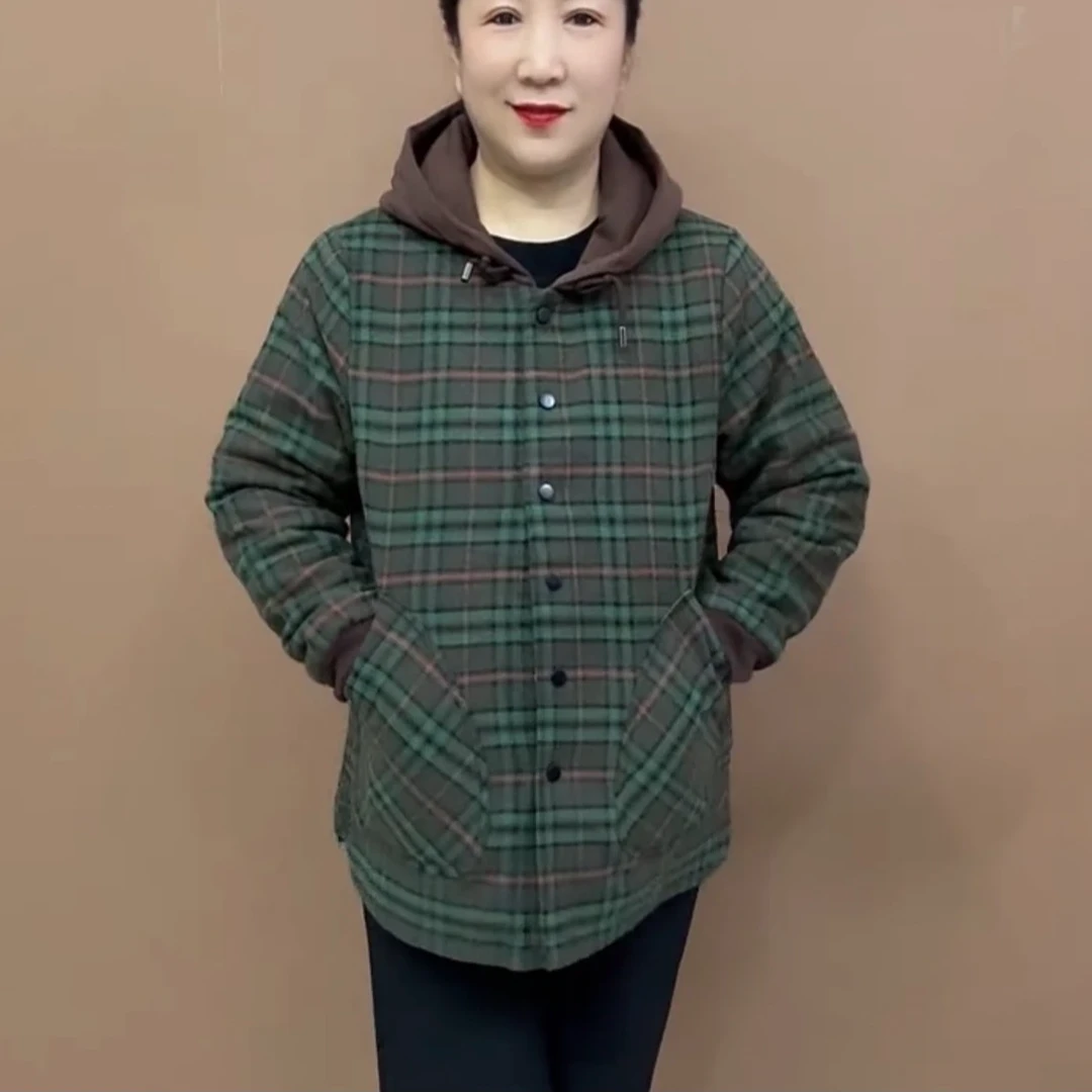 《专柜品质》S冬季时尚气质休闲加厚保暖格子百搭连帽大码妈妈外套