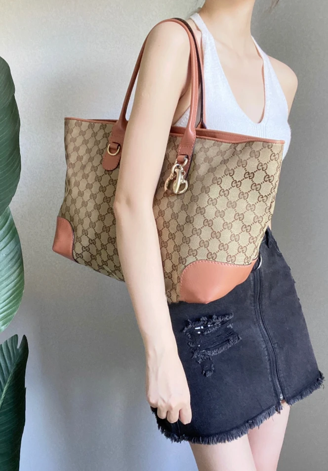 99新 GUCCI/古驰 茉上/古驰粉色老花帆布拼皮手提包