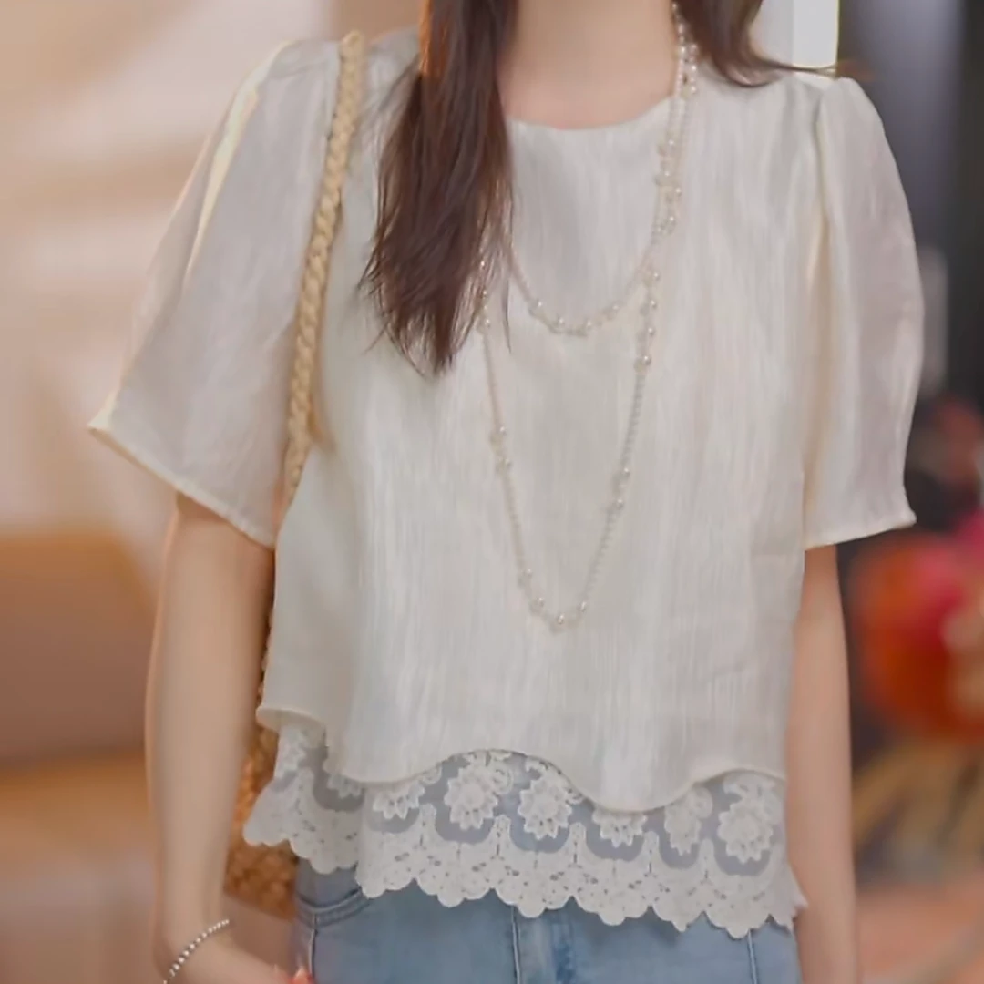 设计感下摆蕾丝纯色短袖T恤女2025新款夏季百搭气质时尚圆领上衣