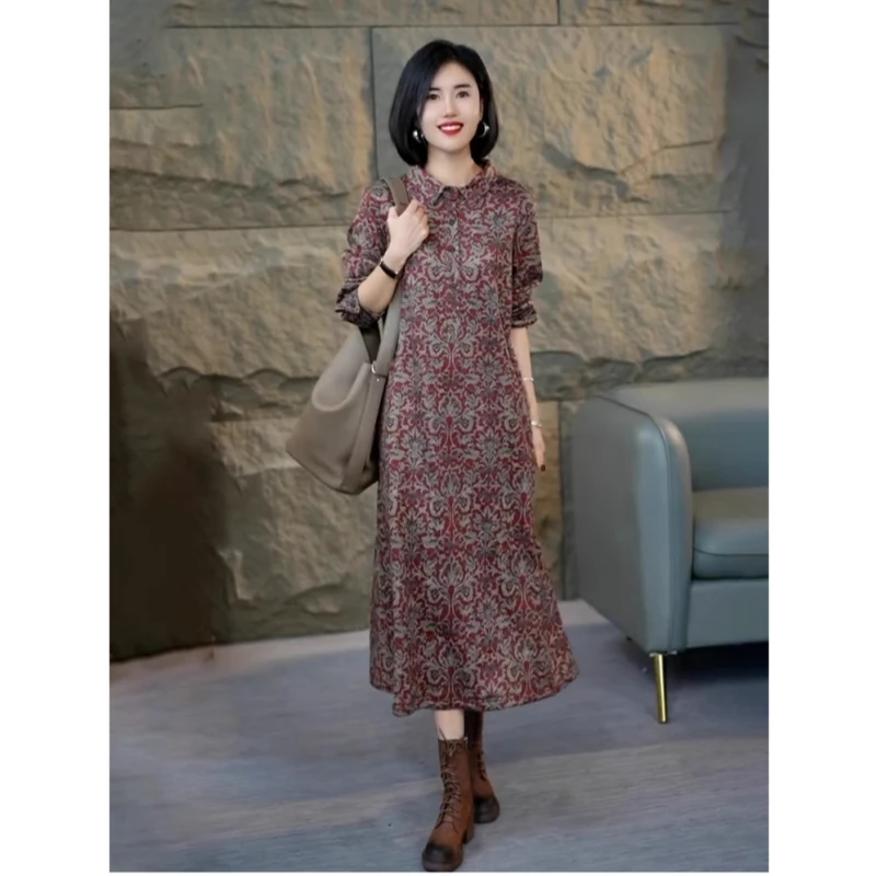 高级感复古印花翻领棉麻连衣裙女2025春新款宽松洋气百搭衬衫长裙