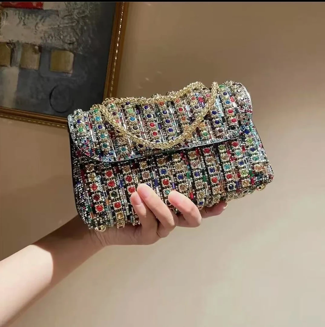 钻酒神包单肩斜挎手提包时尚镶钻百搭重工链条包