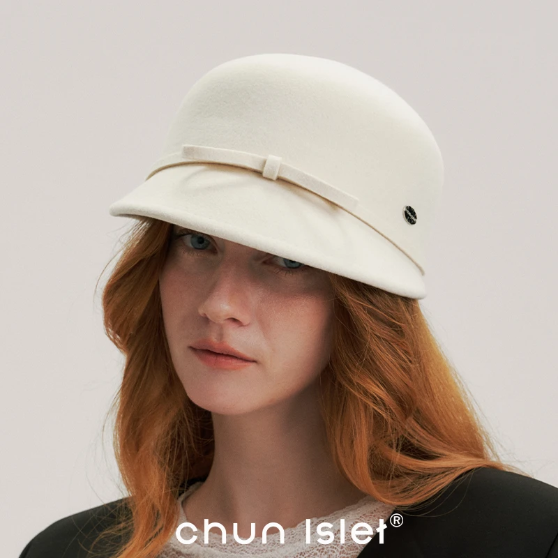 CHUNISLET纯屿 蝴蝶结绑带羊毛气质渔夫帽秋冬保暖毛毡帽