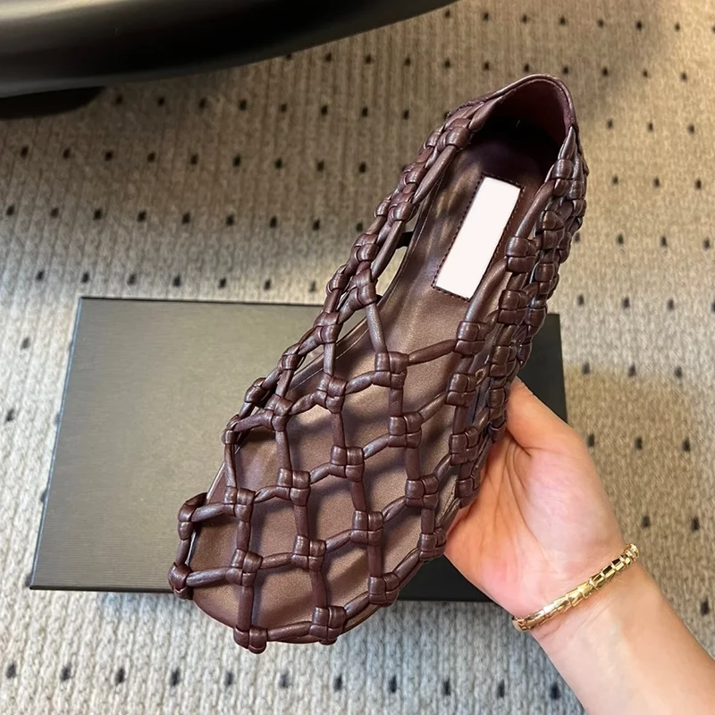 羊皮版~网面编织镂空透气鱼网鞋平底单鞋女圆头夏天凉鞋猪笼鞋子