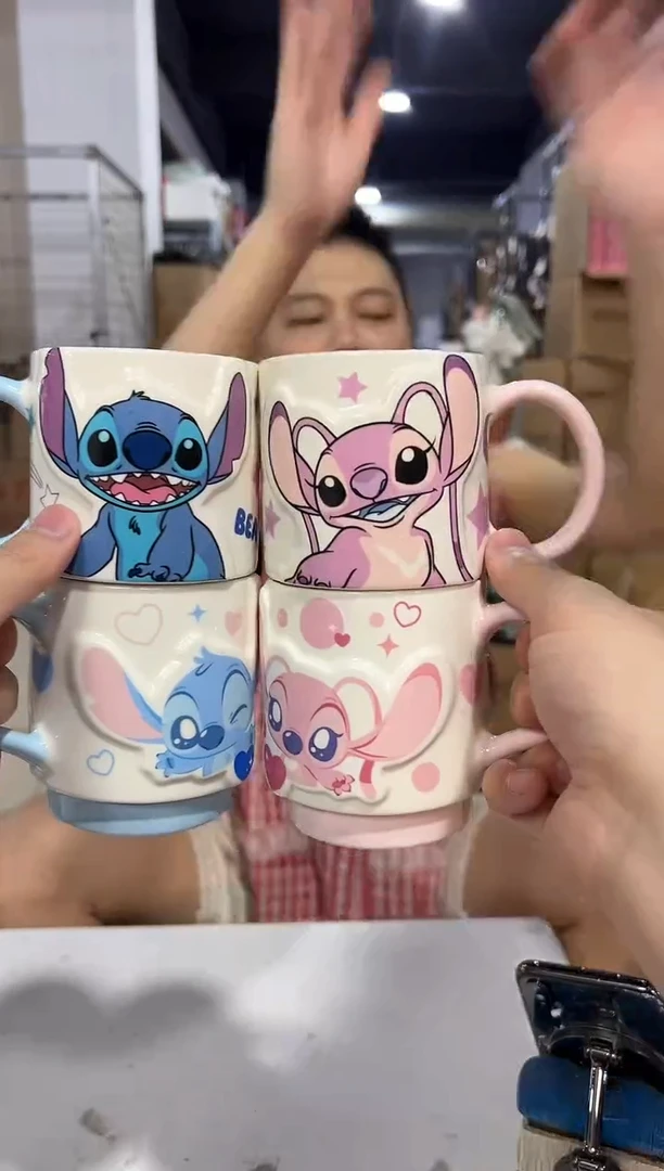 瓷片Q版加萌趣原盒史迪仔安琪叠叠对杯4件套