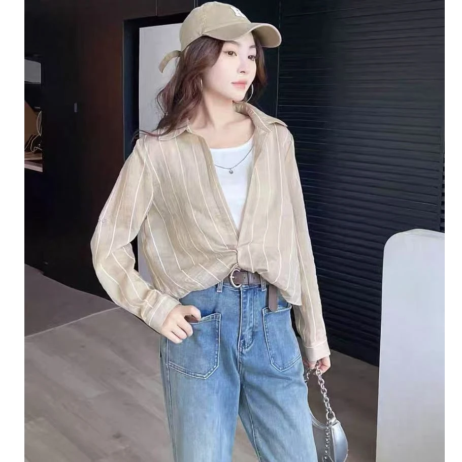 短款条纹衬衫内搭背心叠穿女春季上衣长袖两件套6679#