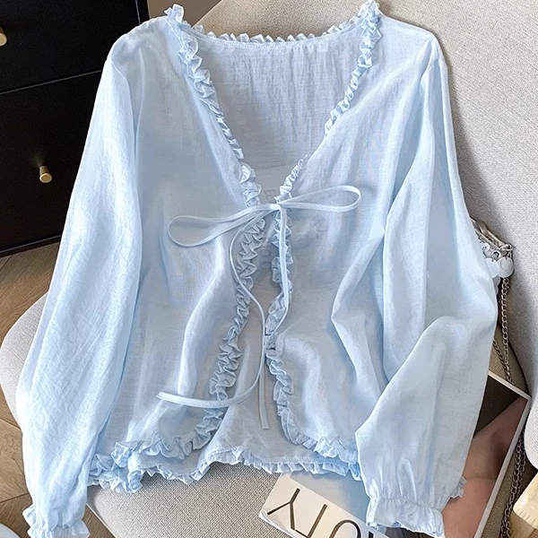 2025夏季新款短款木耳韩版系带气质衬衫薄款夏季防晒V领防晒衣女